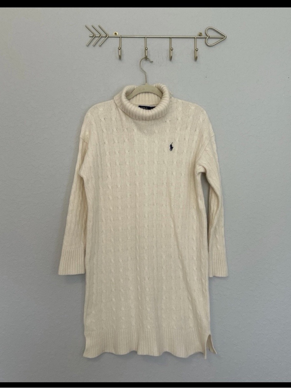 Polo Ralph Lauren Cable Knit Turtleneck Sweater Dress Ivory Wool Cashmere